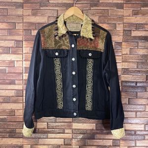 Y2K Taylor G Dallas Tx Black Denim Jacket W/ Upholstery Designs Womens Medium
